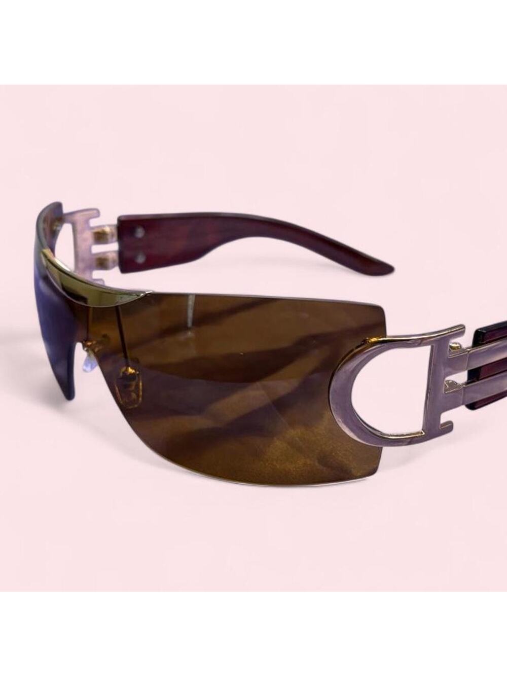 Unisex brown wraparound shield sunglasses with gold hardware futuristic y2k moto